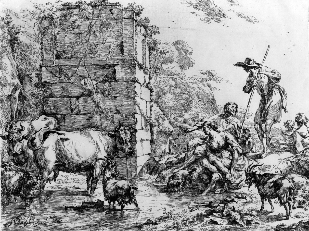 喝在池塘的母牛和山羊 作者 尼古拉斯·彼得斯（Nicolaes Pietersz）。 Berchem