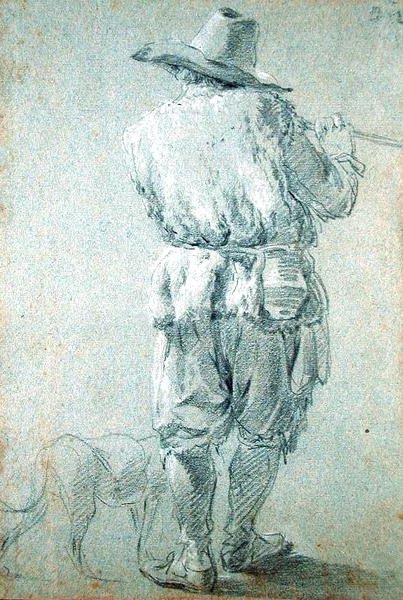 长笛演奏牧羊犬，1644（粉笔在纸上） 作者 尼古拉斯·彼得斯（Nicolaes Pietersz）。 Berchem
