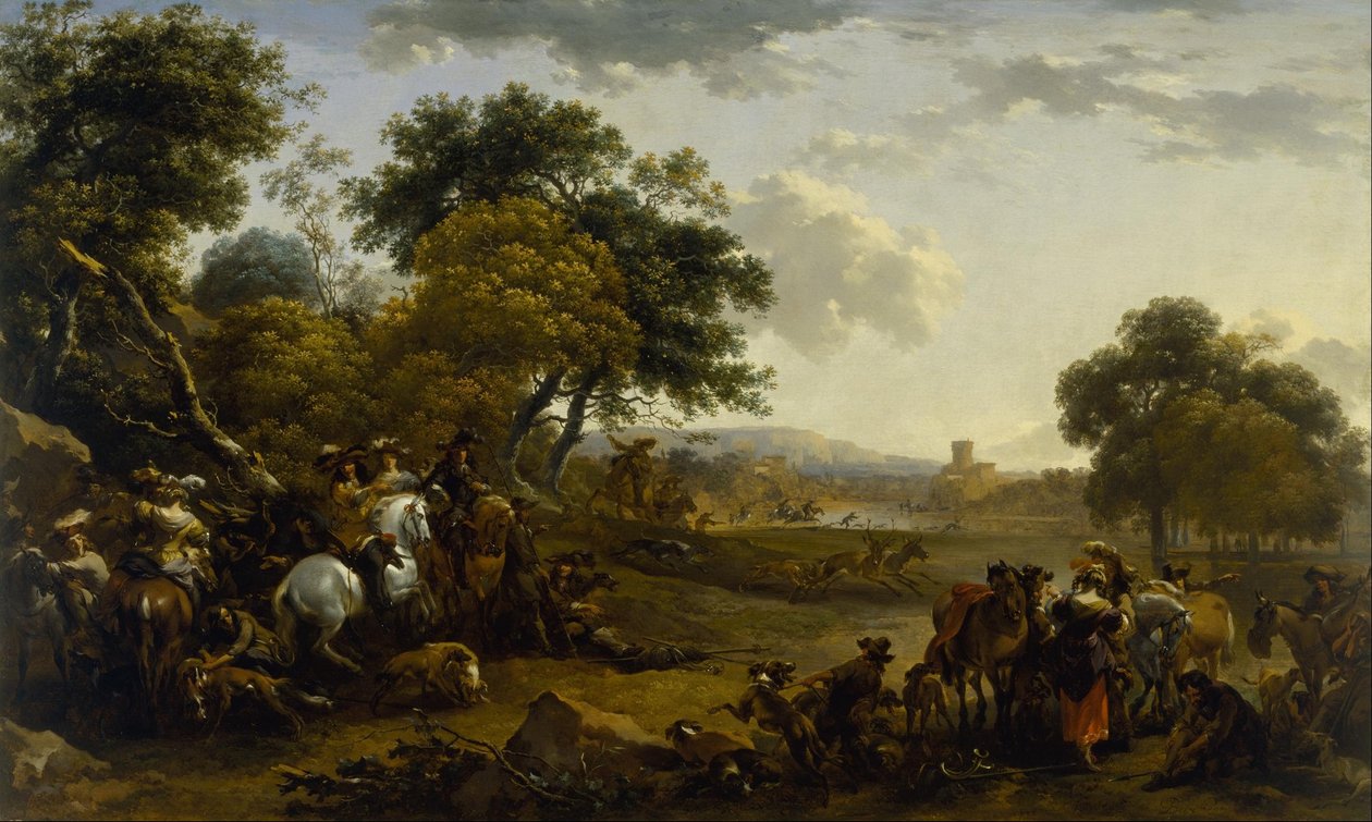 景观与狩猎党 作者 尼古拉斯·彼得斯（Nicolaes Pietersz）。 Berchem