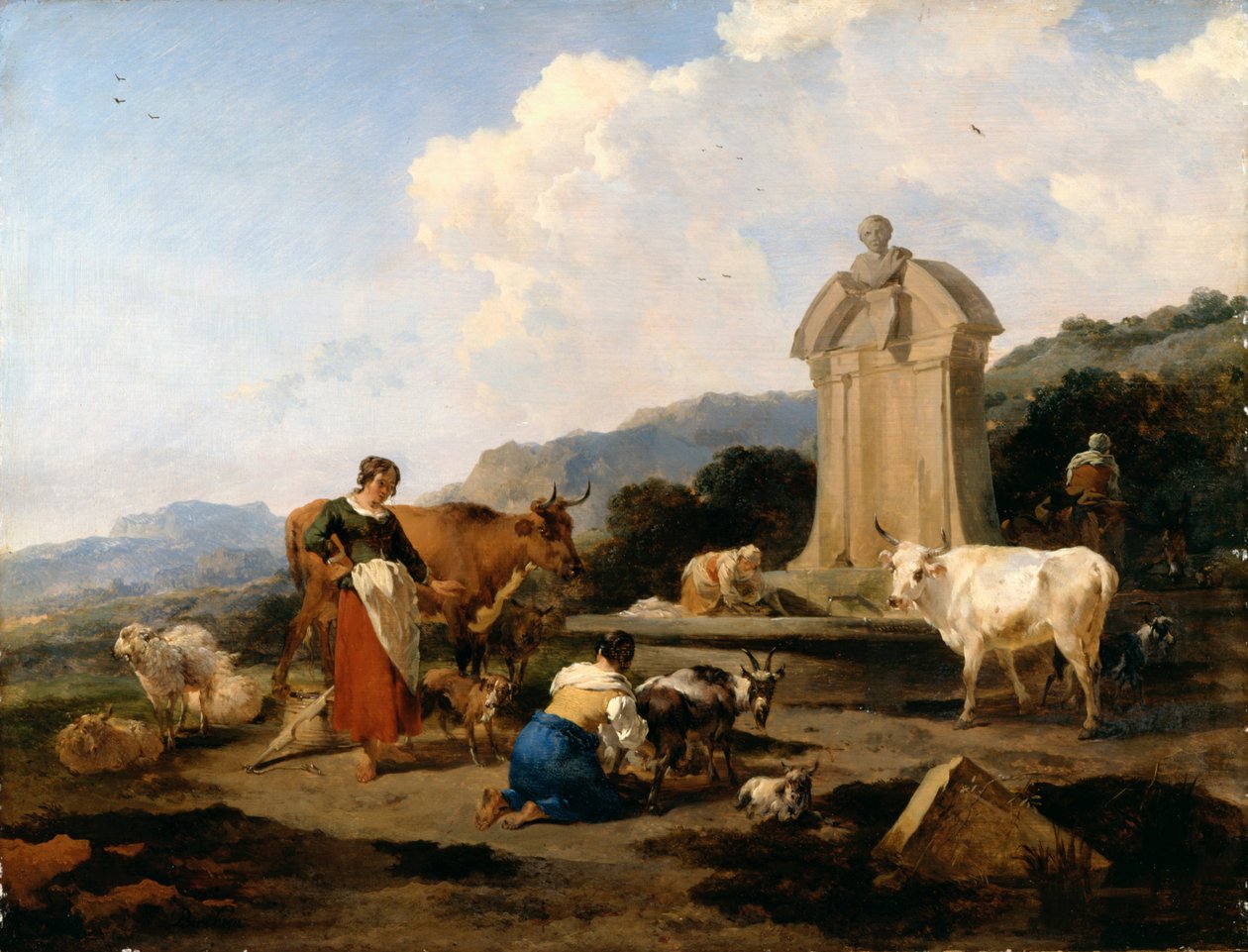 牛和数字的罗马喷泉（Le Midi） 作者 尼古拉斯·彼得斯（Nicolaes Pietersz）。 Berchem