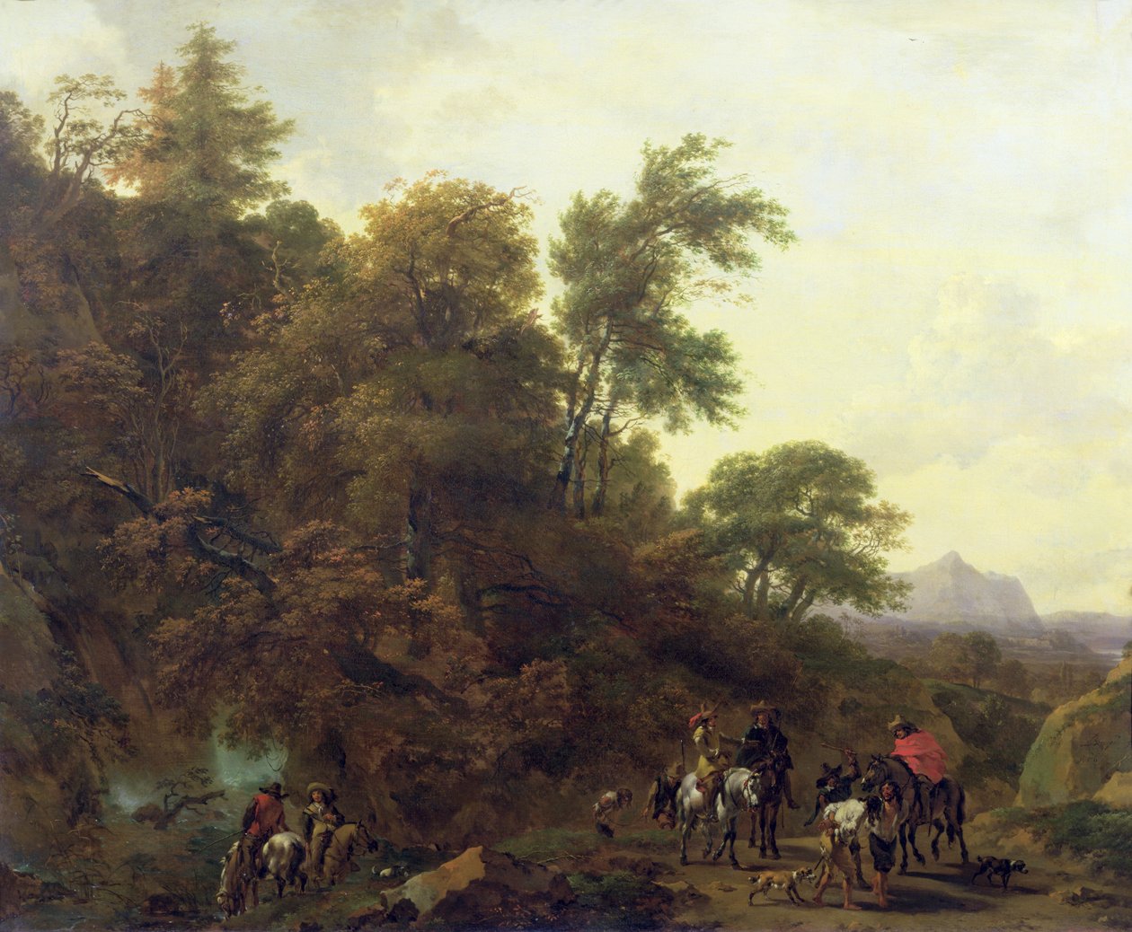 1656年，树木繁茂的景观与士兵护送囚犯 作者 尼古拉斯·彼得斯（Nicolaes Pietersz）。 Berchem