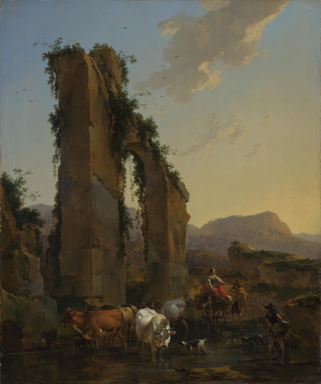 农民与被毁的渡槽的牛。 作者 尼古拉斯·彼得斯（Nicolaes Pietersz）。 Berchem