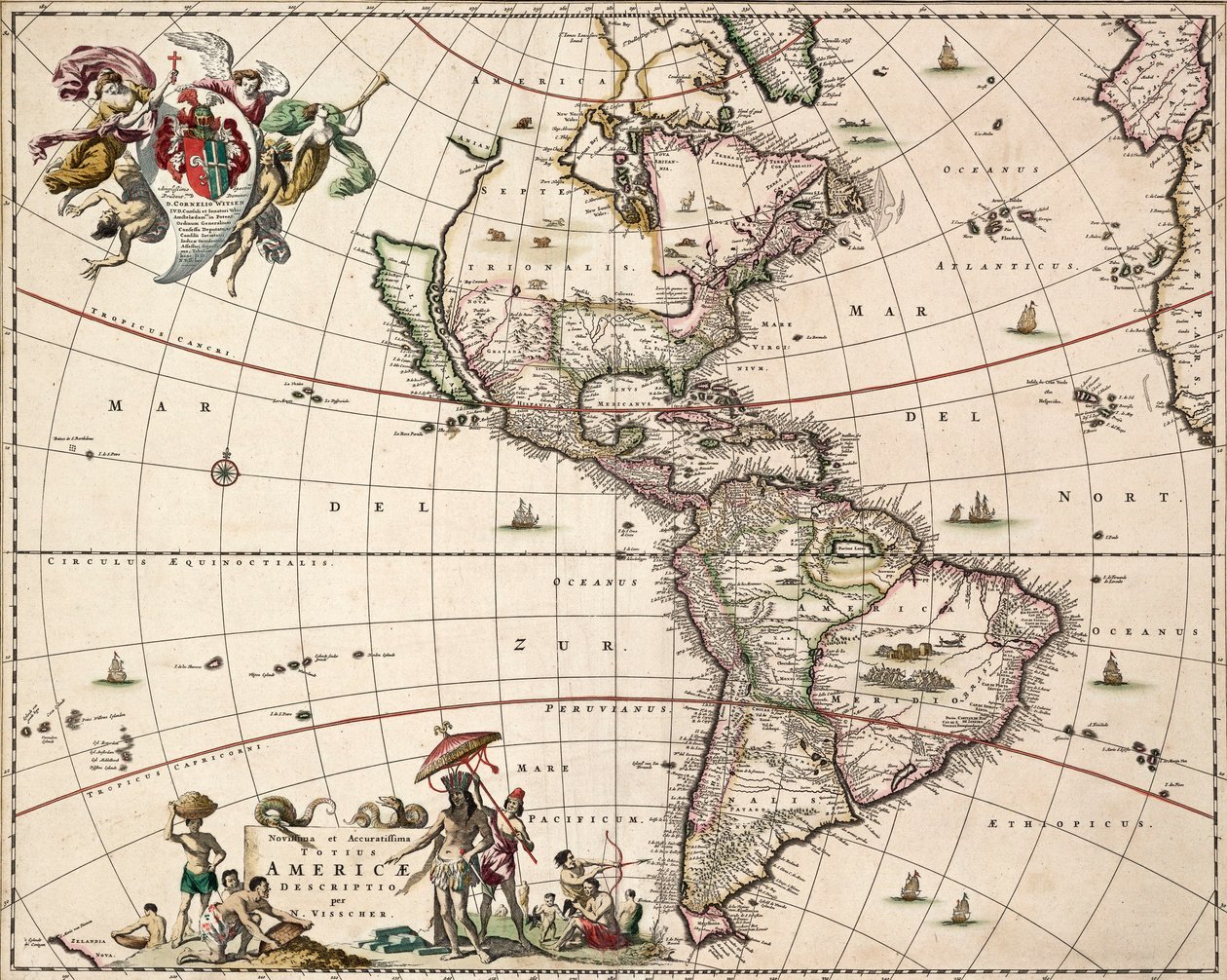 美洲地图，约 1671 年（彩色雕刻） 作者 尼古拉斯·扬斯 (1586 1652) 维舍尔