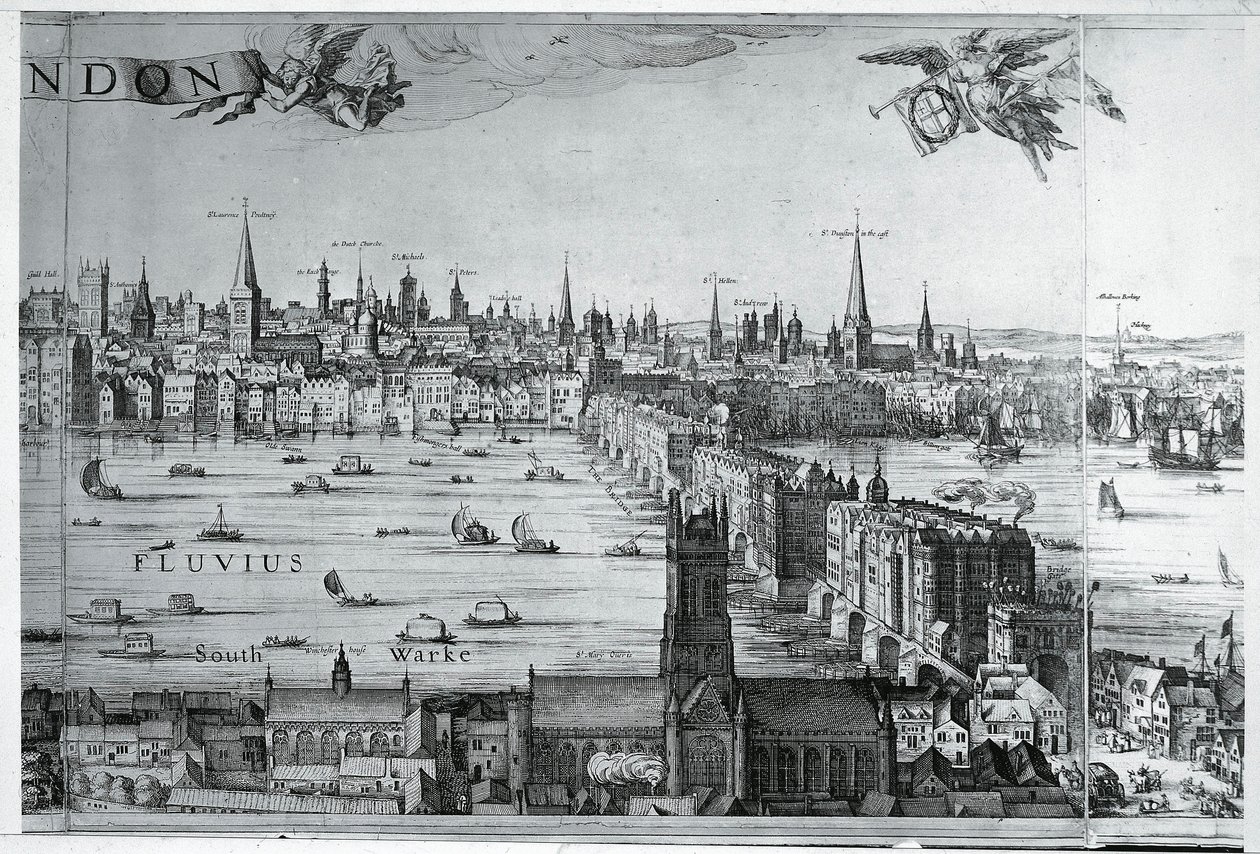 英国，英格兰，伦敦市与伦敦桥的景观 作者 尼古拉斯·扬斯 (1586 1652) 维舍尔