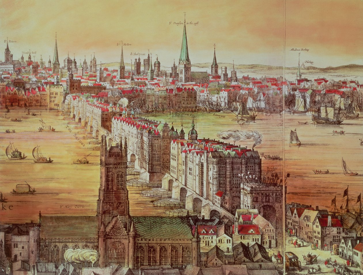 旧伦敦桥，详细信息来自&39;Vischer&39;s London&39;，17世纪（雕刻） 作者 尼古拉斯·詹斯·维舍