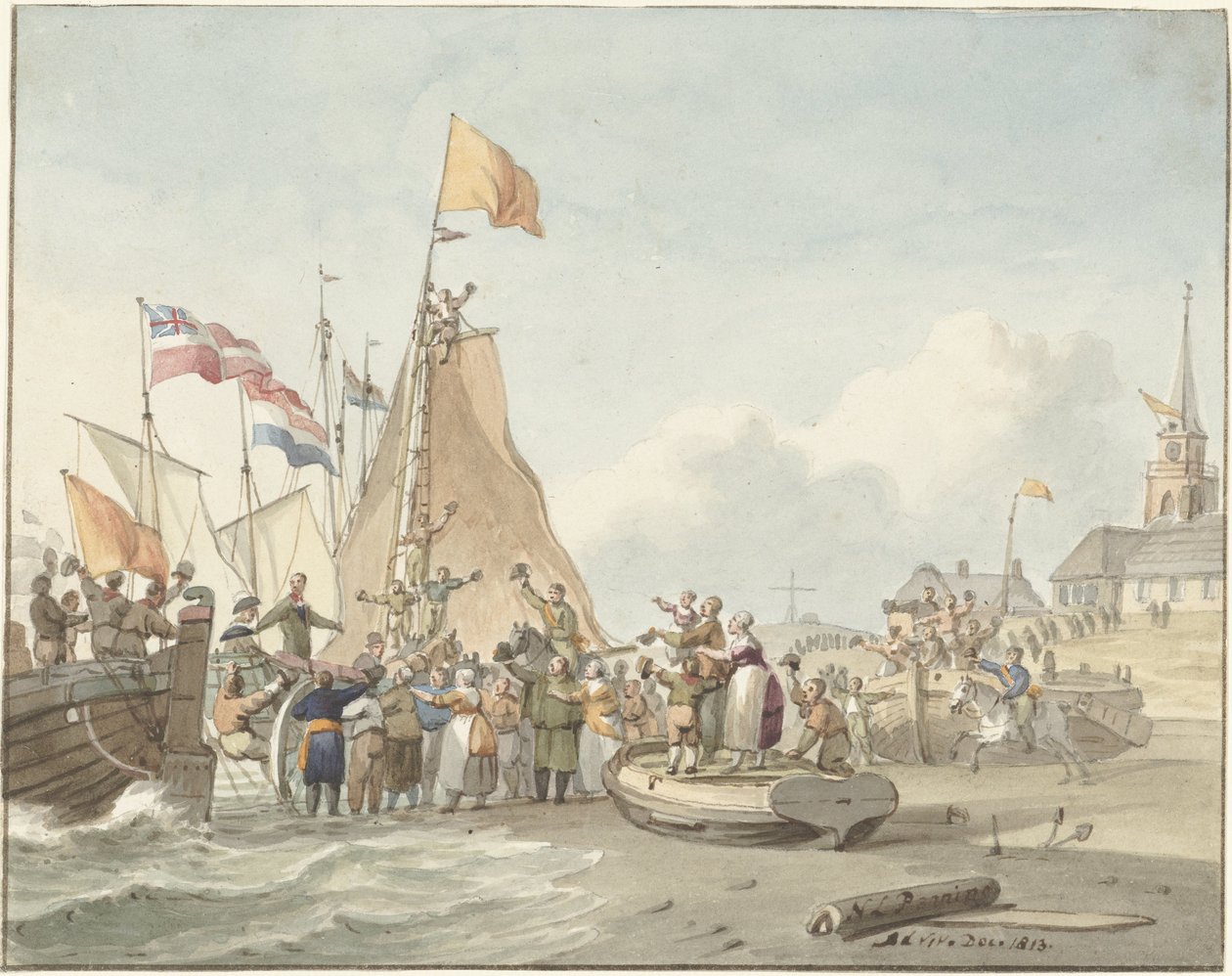 威廉-弗雷德里克亲王抵达谢维宁根，1813 年 11 月 30 日 作者 Nicolaes Lodewick Penning（艺术家签名）