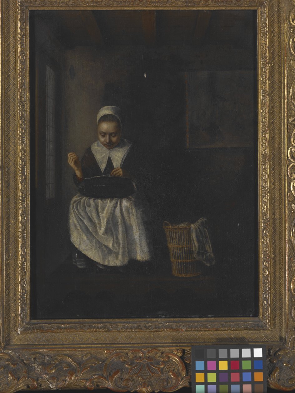 缝纫的女孩（木板油画） 作者 尼古拉斯·梅斯（Nicolaes Maes）