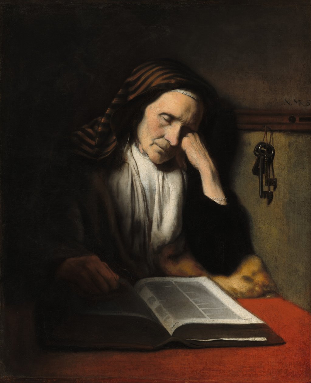 一个老妇人在书上打瞌睡，约1655年。 作者 尼古拉斯·梅斯（Nicolaes Maes）