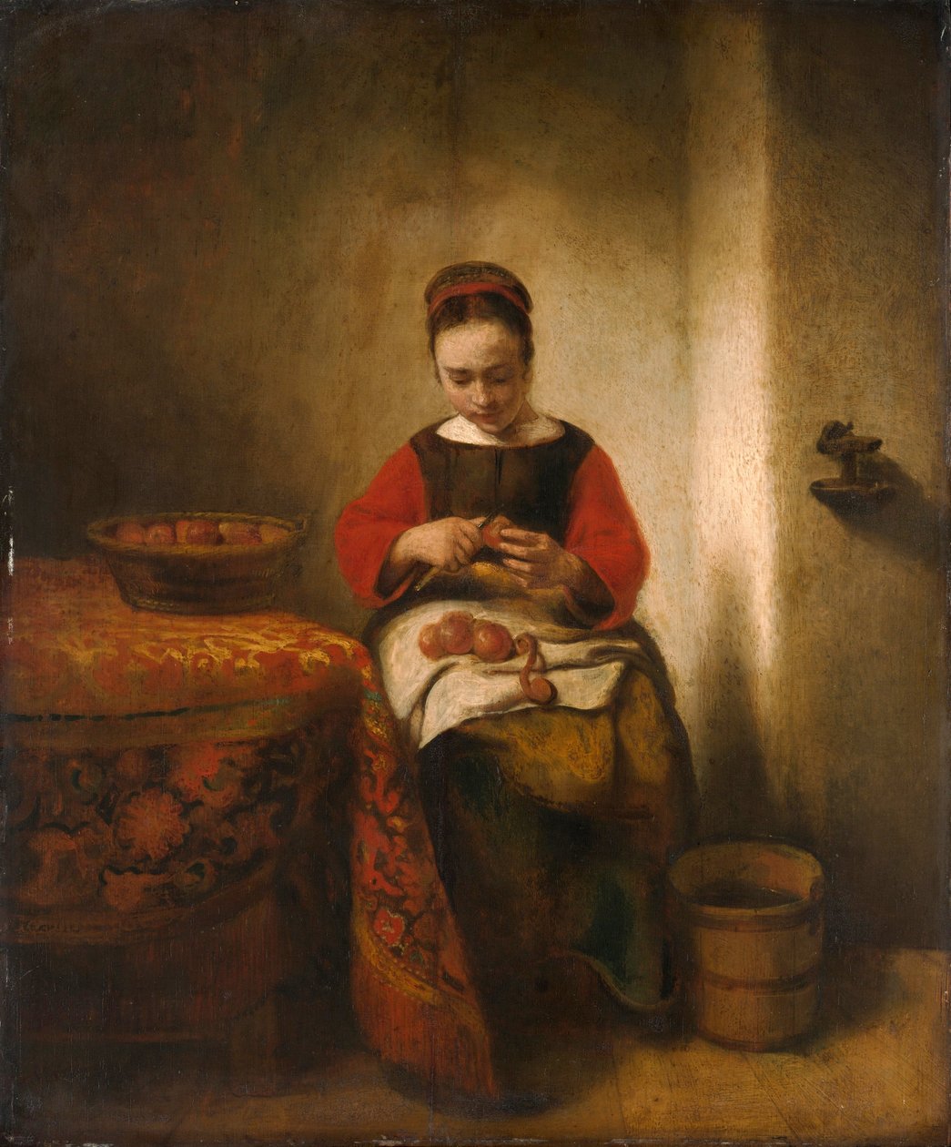苹果皮，约 1655 年（木板油画） 作者 尼古拉斯·梅斯（Nicolaes Maes）