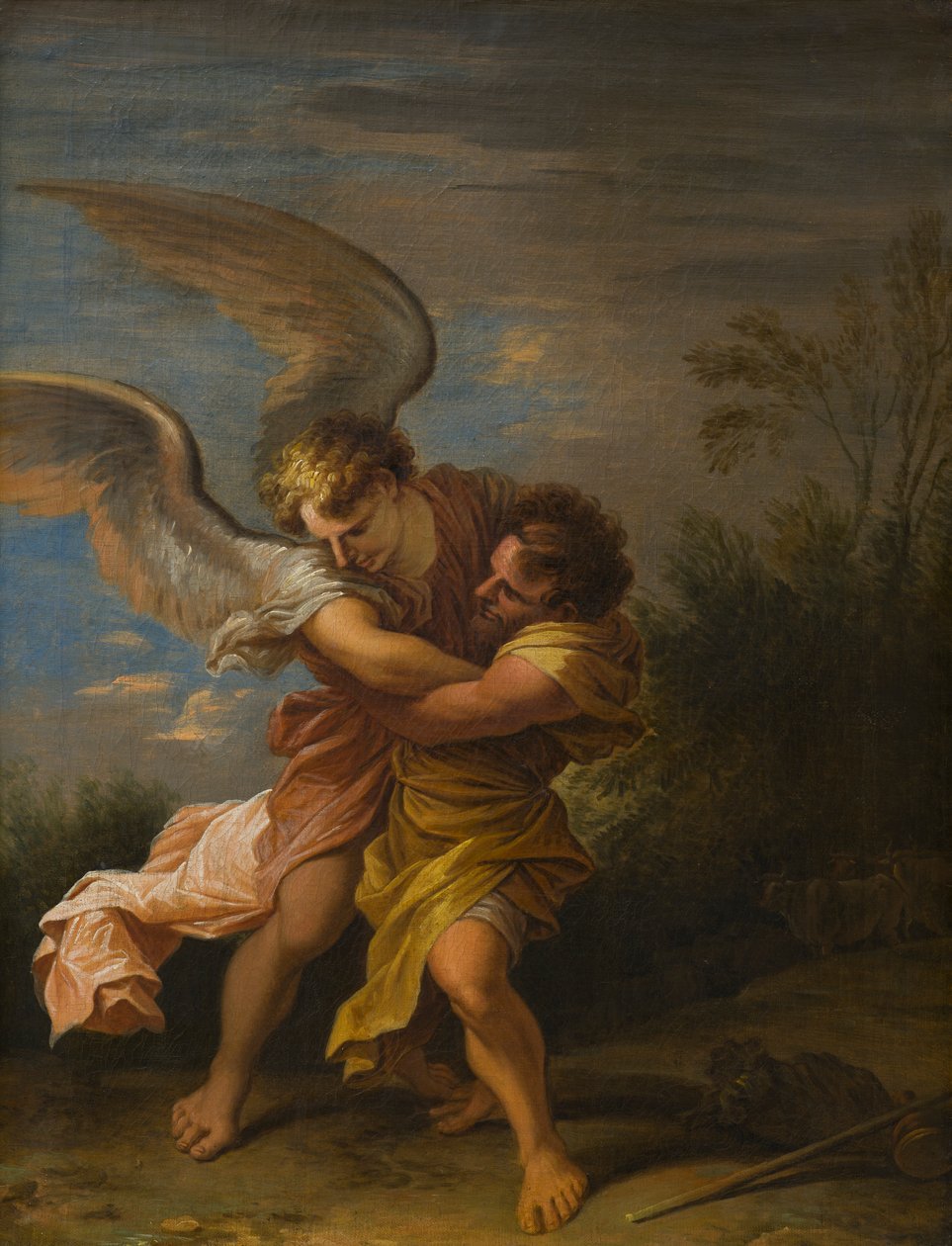 雅各布与天使摔跤，c.1640-83（布面油画） 作者 Nicolaes Pietersz (attr.to) Berchem