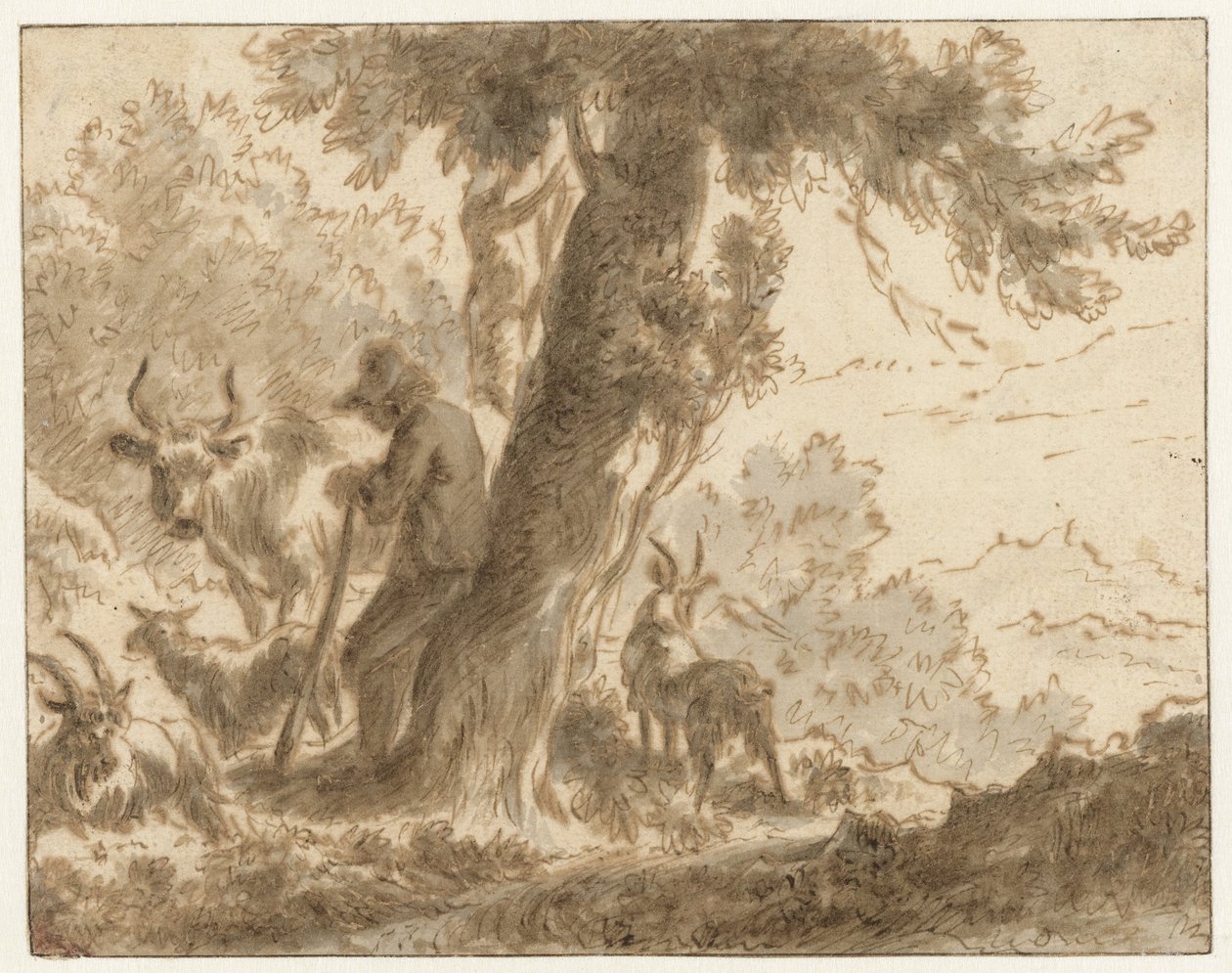 树旁的牧羊人和他的牛 作者 Nicolaes Pietersz Berchem (可能)