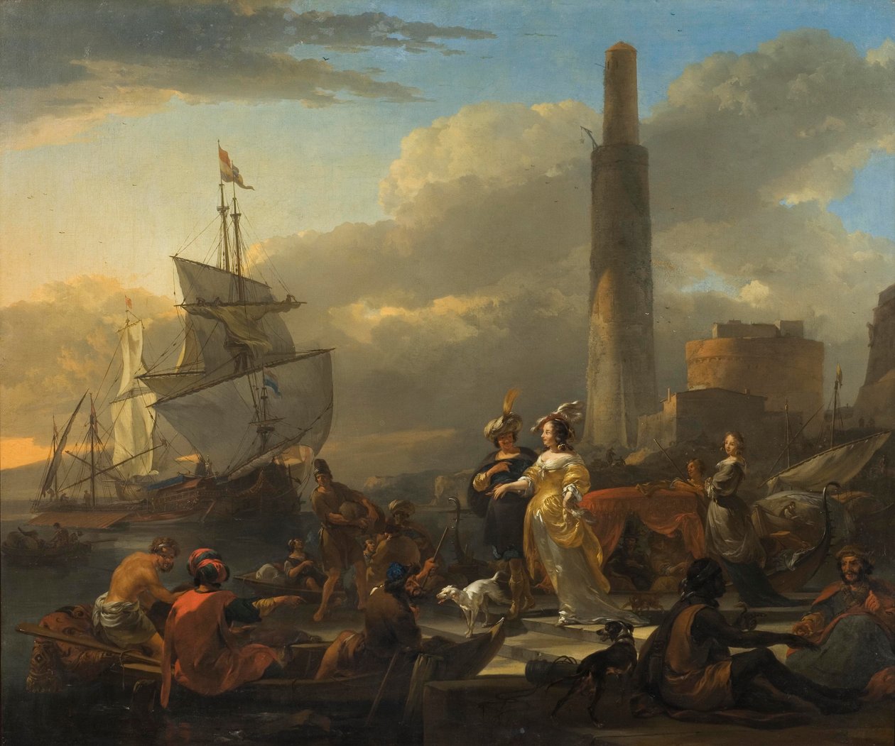 海港场景，c.1665 作者 尼古拉斯·彼得斯（Nicolaes Pietersz）。 Berchem