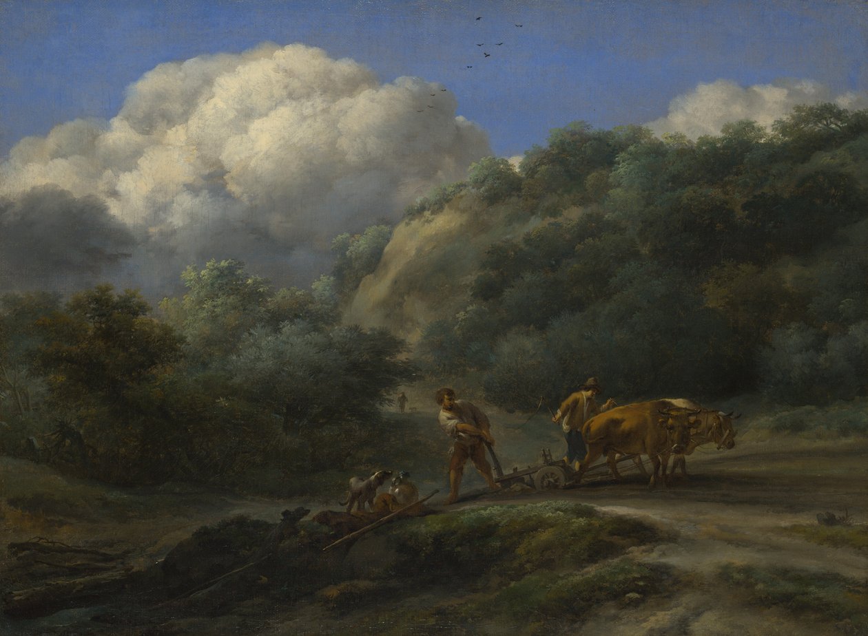 一个男人和一个青年与牛犁，c。 1650 作者 尼古拉斯·彼得斯（Nicolaes Pietersz）。 Berchem