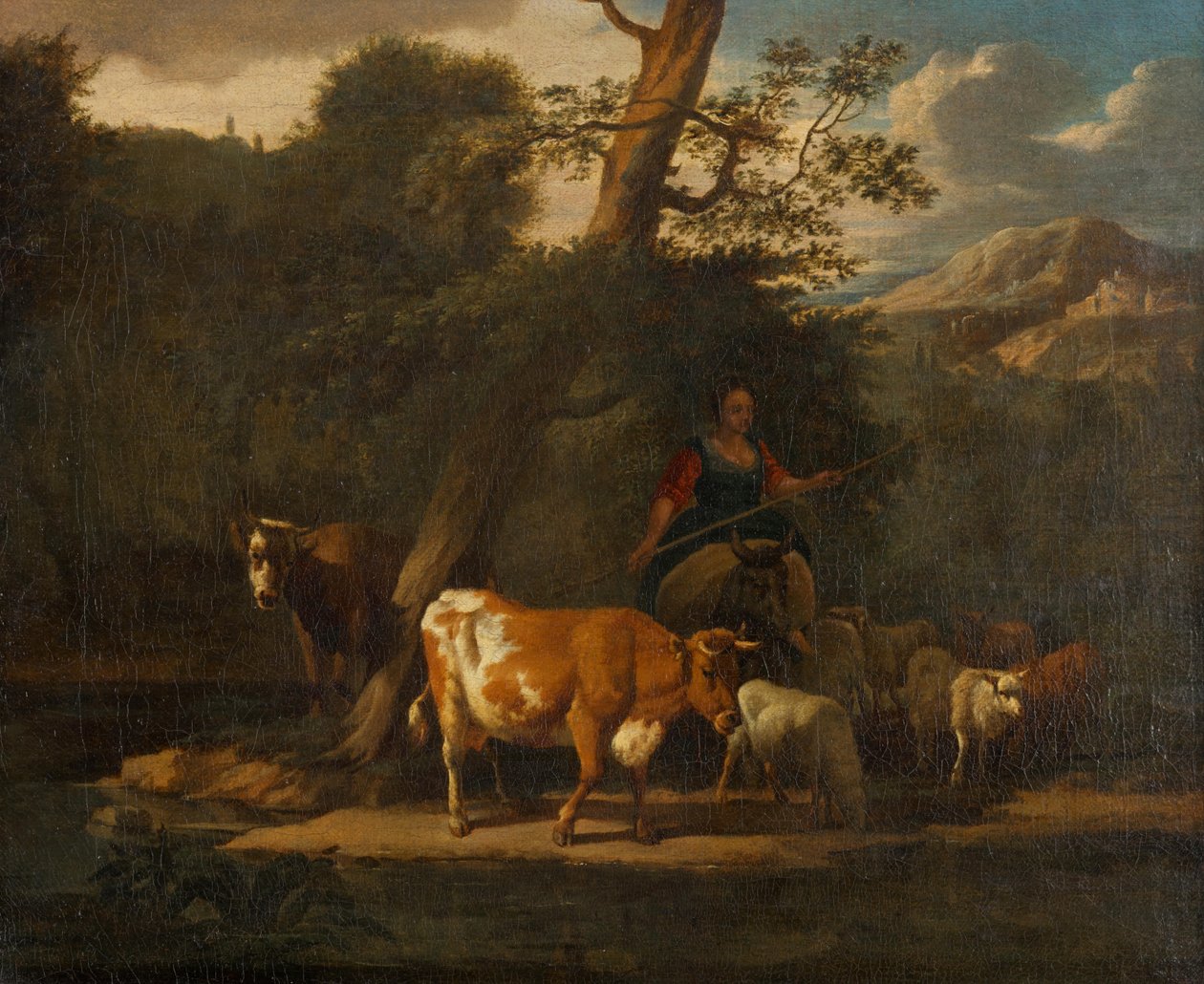 牧羊女与树下的奶牛 作者 尼古拉斯·彼得斯（Nicolaes Pietersz）。 Berchem