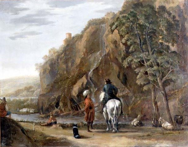 意大利风格的风景画，有人物和马在路上。 作者 尼古拉斯·彼得斯（Nicolaes Pietersz）。 Berchem