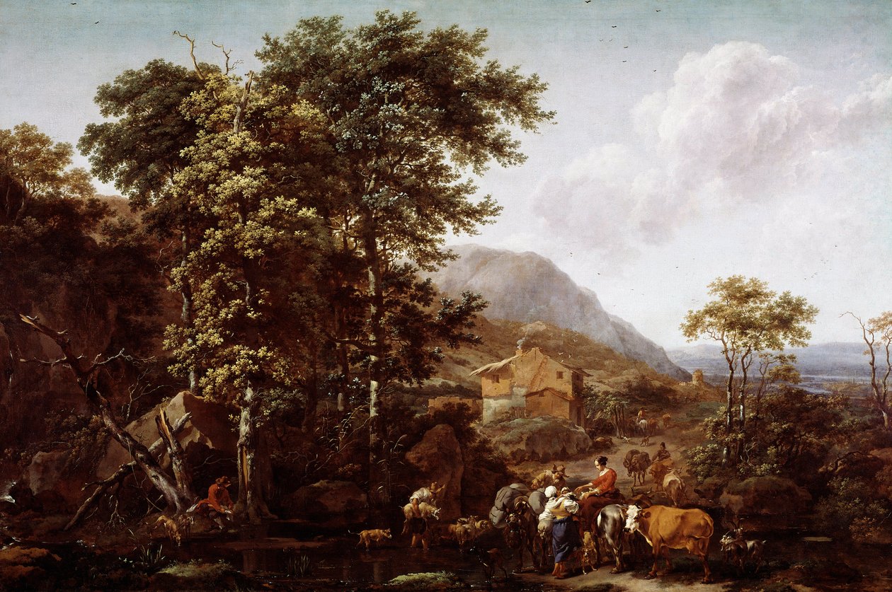 风景和动物。 荷兰画家 Nicolaes Berchem (1620-1683) 的绘画 作者 尼古拉斯·彼得斯（Nicolaes Pietersz）。 Berchem