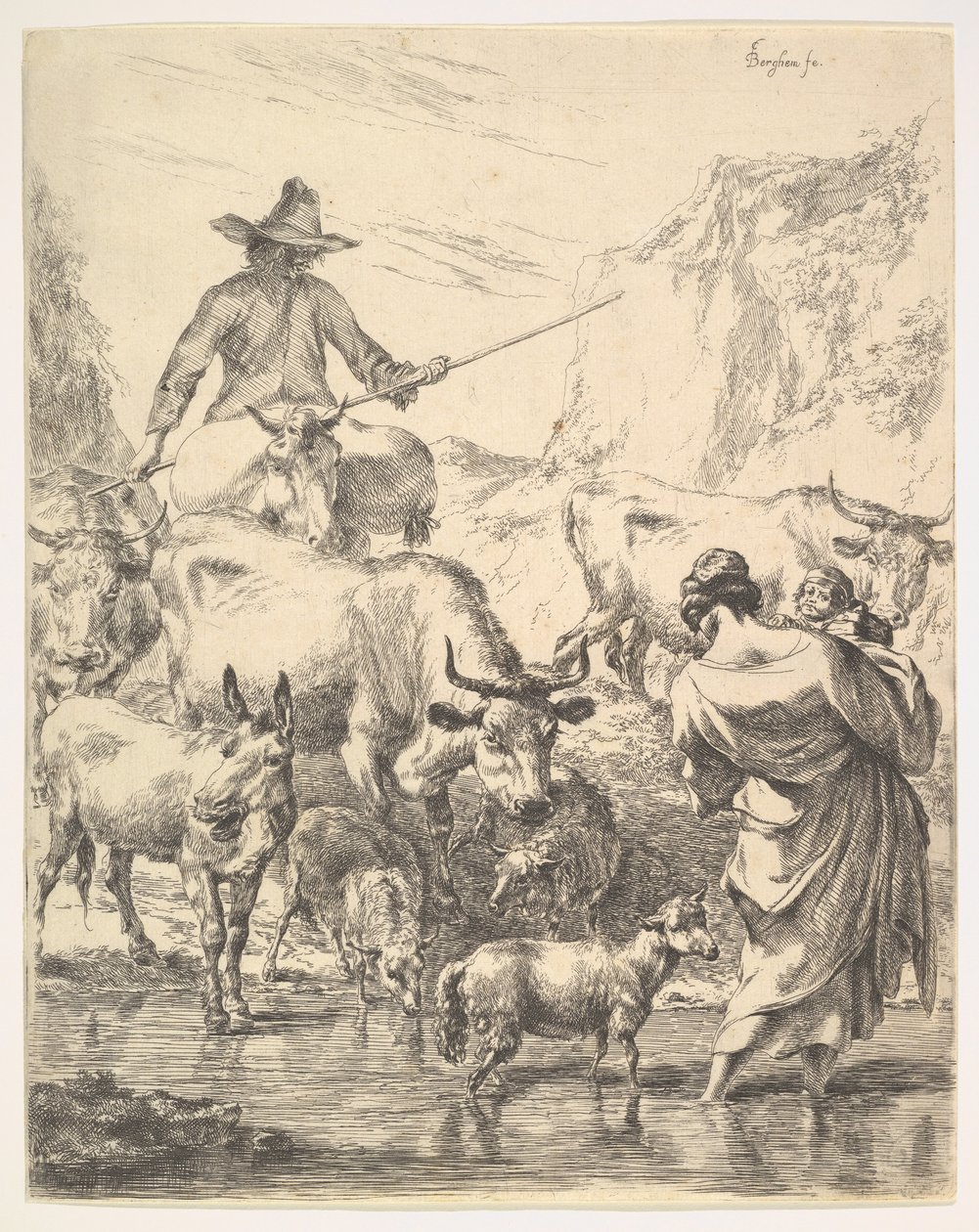 过河的牛群。 作者 尼古拉斯·彼得斯（Nicolaes Pietersz）。 Berchem