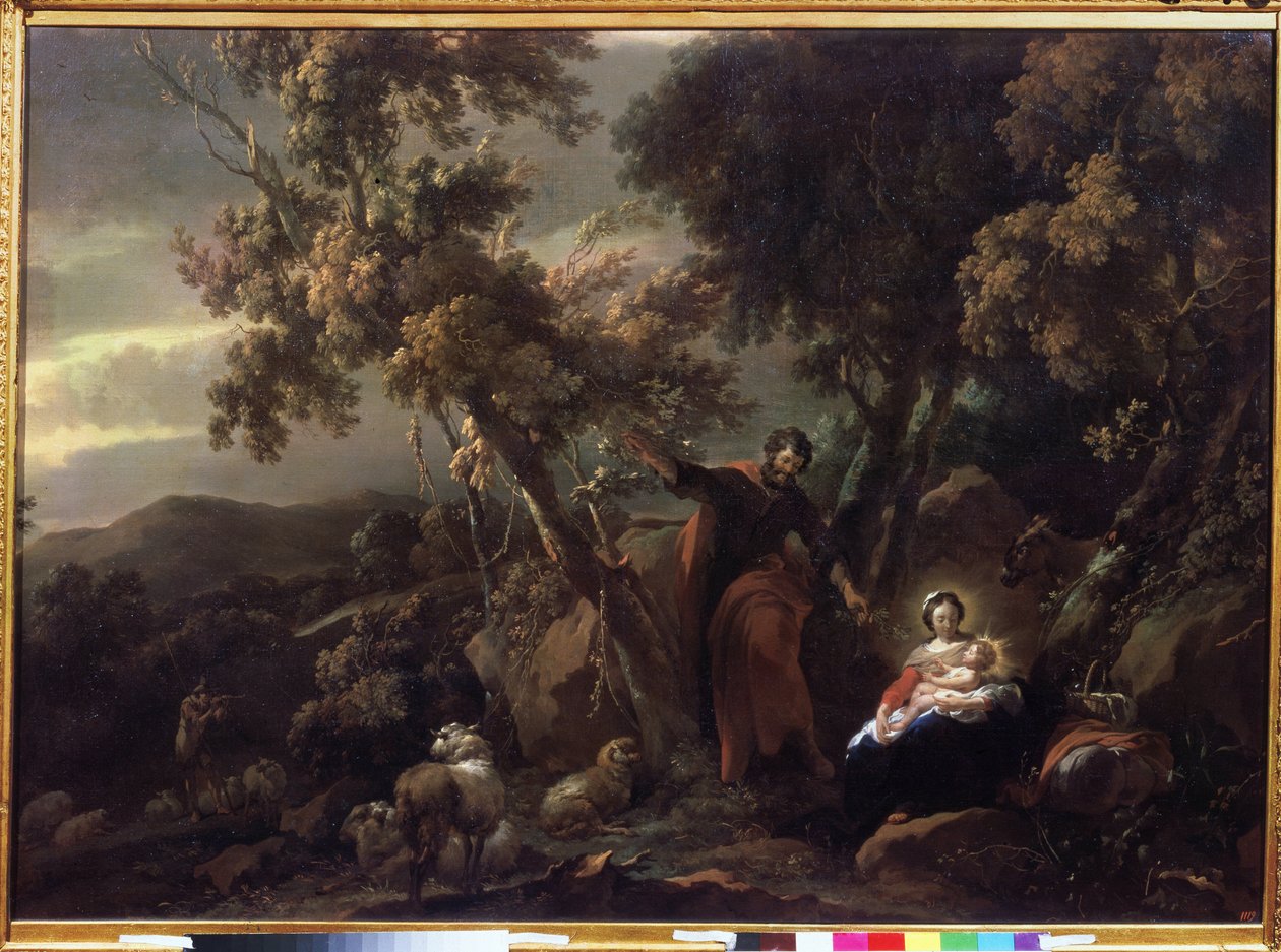 "Le repos durant la fuite en Egypte"（飞往埃及途中的休息） Peinture de Nicolaes Pietersz Berchem (ou Berghem) (1620-1683) 17eme siecle Musee Pouchkine Moscou 作者 尼古拉斯·彼得斯（Nicolaes Pietersz）。 Berchem