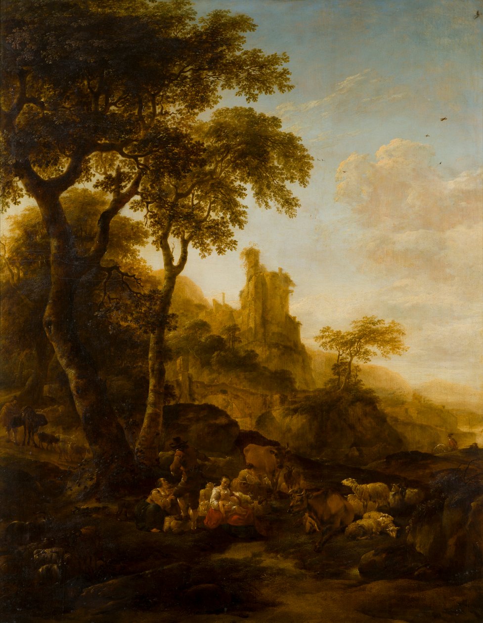 田园风景，约 1640-83 年（油画板） 作者 尼古拉斯·彼得斯（Nicolaes Pietersz）。 Berchem