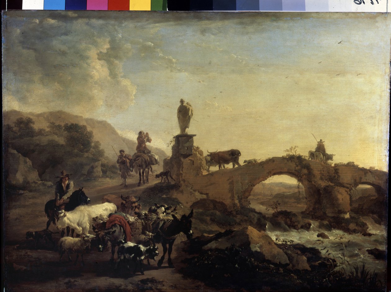 "Paysage italien au petit pont"（带小桥的意大利风景），老尼古拉（克莱斯）-彼得斯-贝尔赫姆（Nicolaes (Claes) Pietersz Berchem the Elder，1620-1683 年）绘制，1656 年 尺寸：44.5x61 厘米 圣彼得堡，冬宫博物馆 作者 尼古拉斯·彼得斯（Nicolaes Pietersz）。 Berchem