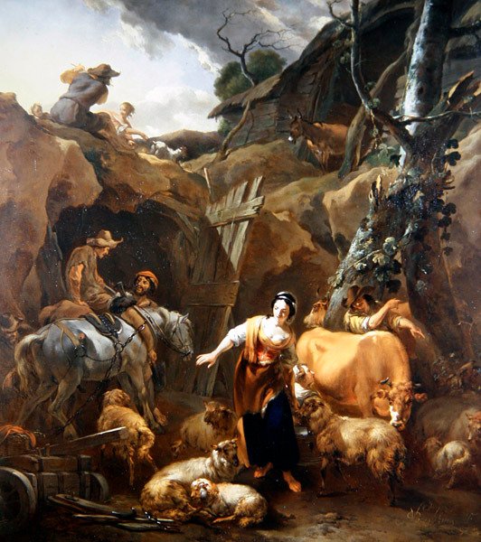 矿区外岩石景观中的农民 作者 尼古拉斯·彼得斯（Nicolaes Pietersz）。 Berchem