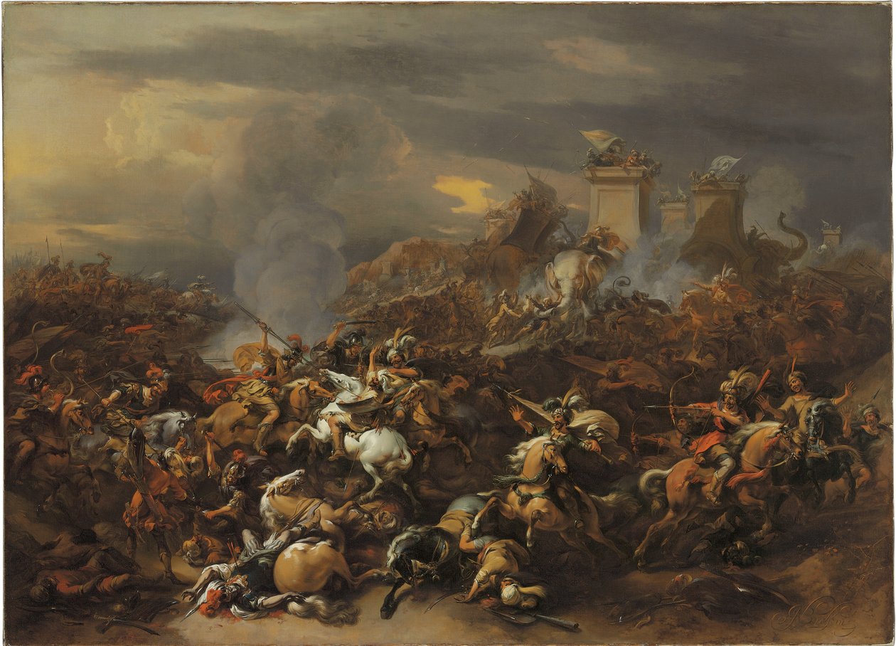 亚历山大与波鲁斯之间的战斗 作者 尼古拉斯·彼得斯（Nicolaes Pietersz）。 Berchem