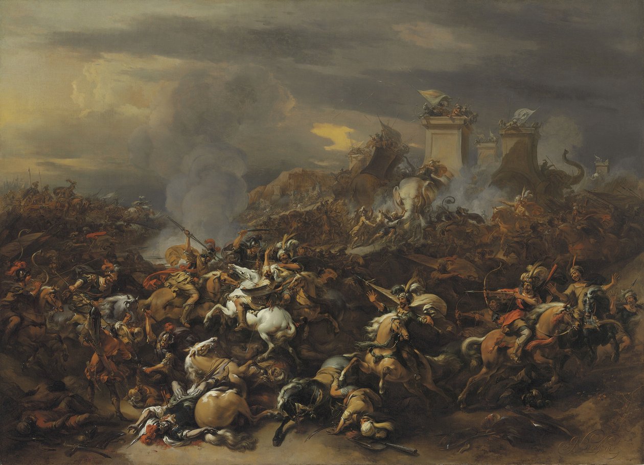 亚历山大大帝与波鲁斯国王的战斗 作者 尼古拉斯·彼得斯（Nicolaes Pietersz）。 Berchem