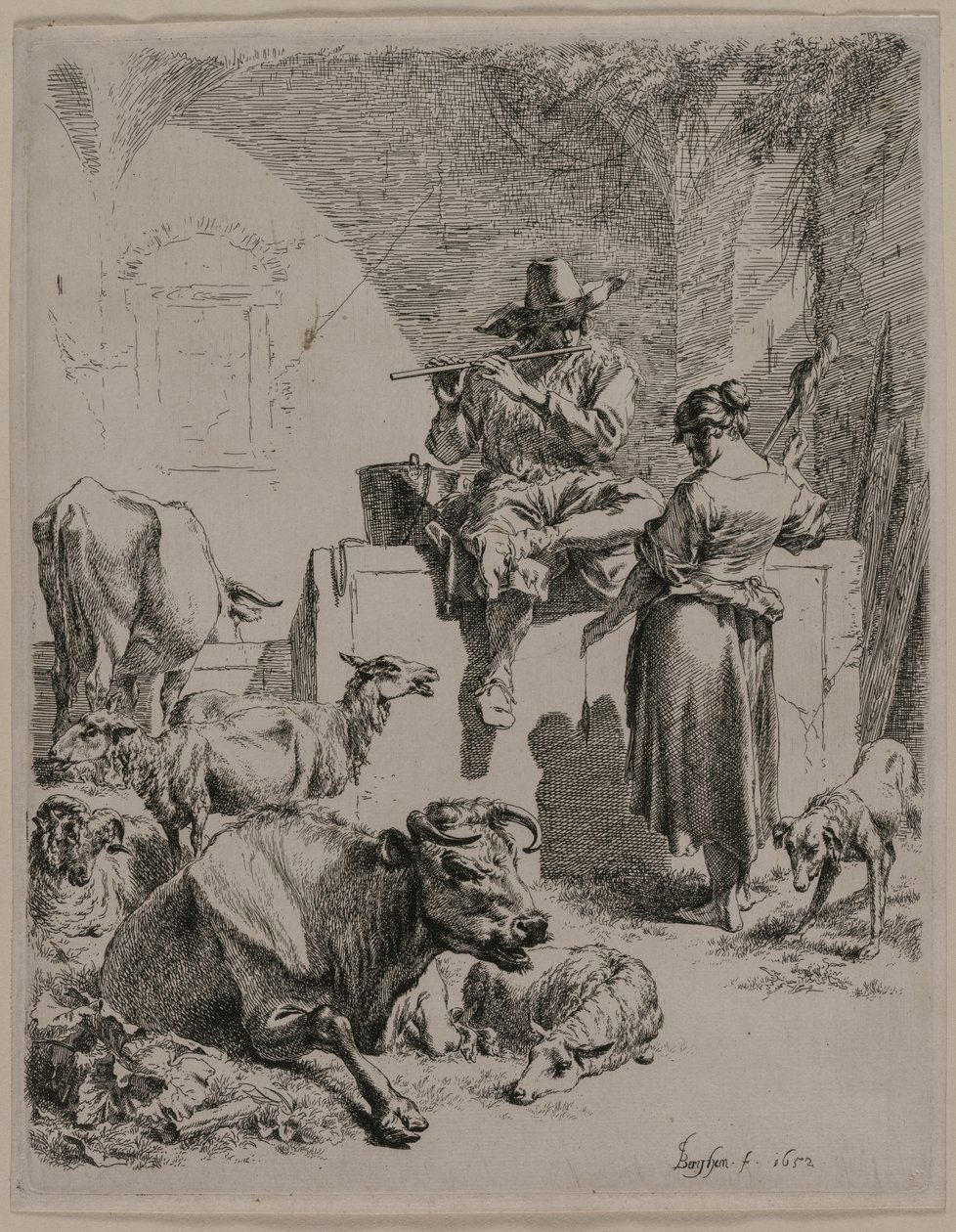 管道牧羊人，1652年。 作者 尼古拉斯·彼得斯（Nicolaes Pietersz）。 Berchem