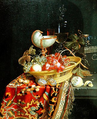 篮子里的水果和鹦鹉螺杯的静物画 作者 尼古拉斯·范·盖尔德（Nicolaes Van Gelder）