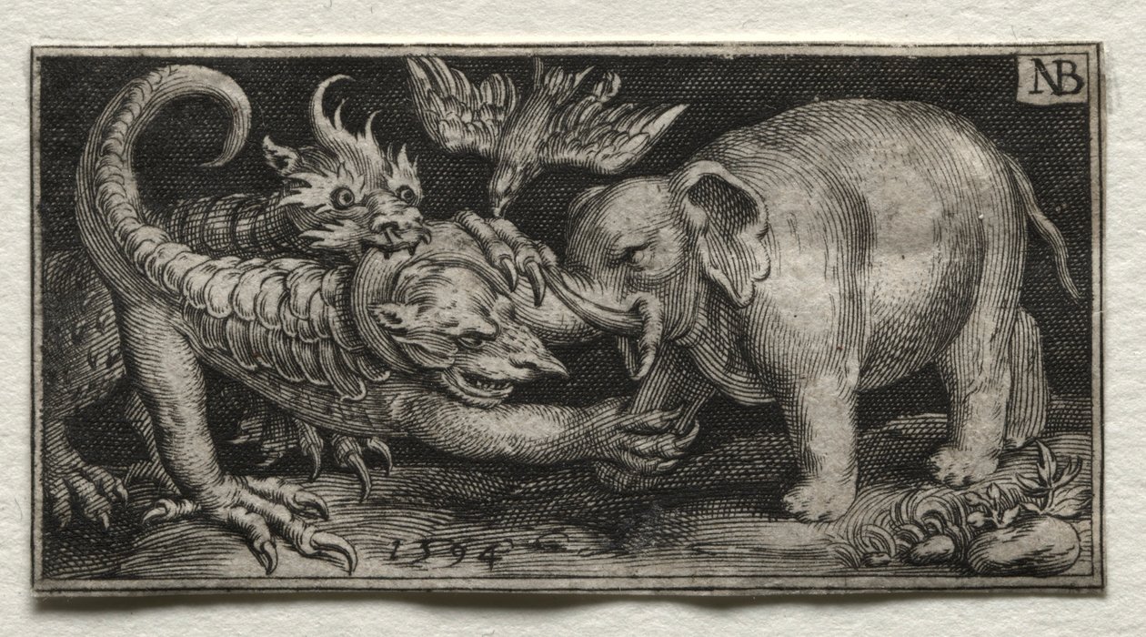 大象与两只野兽战斗，1594年。 作者 尼古拉斯·德·布鲁因