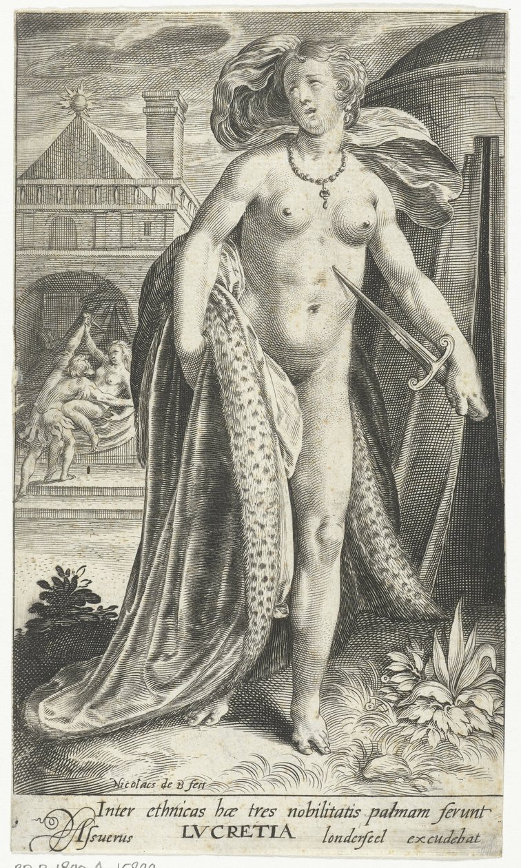 Lucretia met dolk tegen haar borst
Inter ethnicas hae tres nobilitatis palmam ferunt Lvcretia（物上标题） 作者 尼古拉斯·德·布鲁因