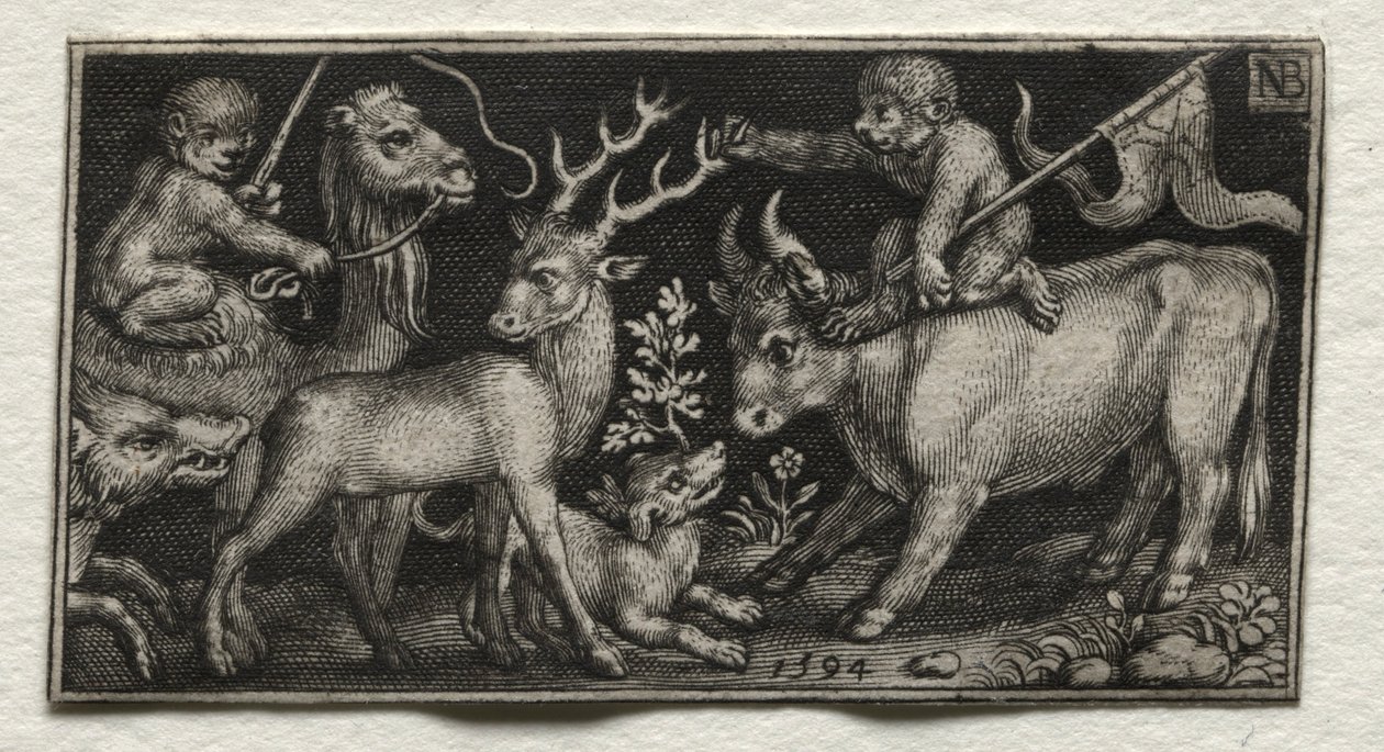 骑骆驼和公牛的猴子，1594年。 作者 尼古拉斯·德·布鲁因