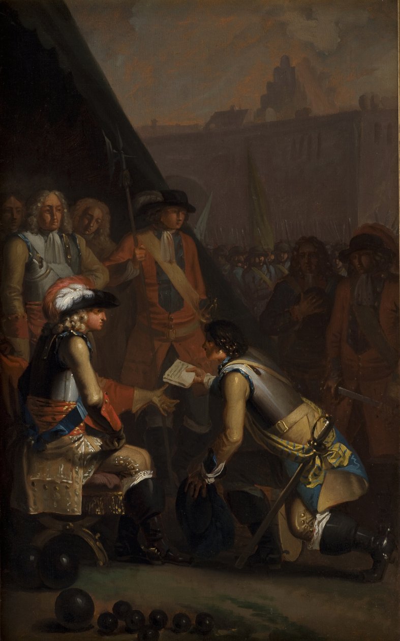 1714年，马格努斯-斯滕博克向腓特烈四世交出了特宁要塞，1785年。 作者 尼古拉·亚伯拉罕·阿比尔加德