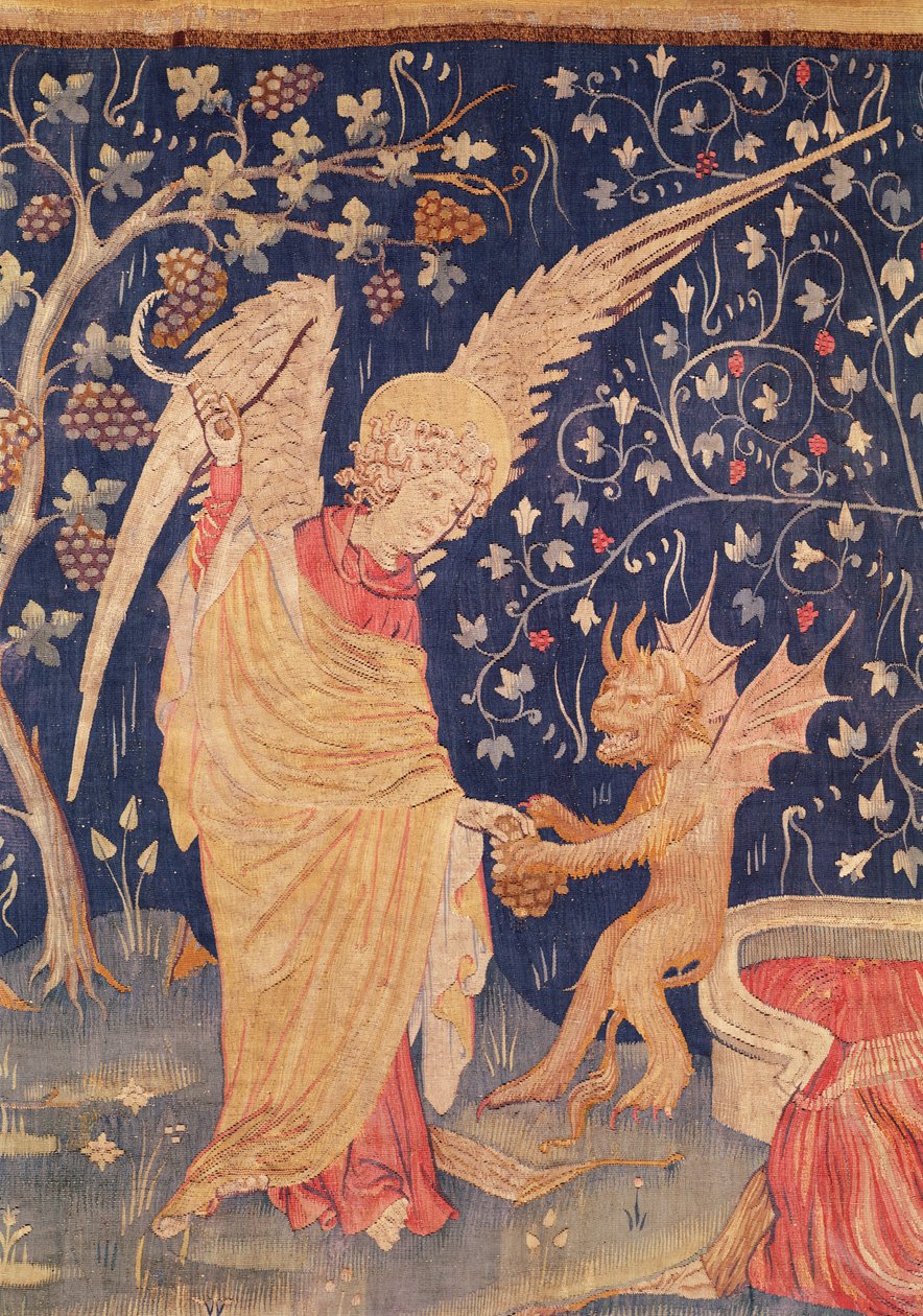天使与一串葡萄和一个恶魔，详细从天使的挂历，1373-87（挂毯） 作者 尼古拉斯·巴塔耶（Nicolas Bataille）