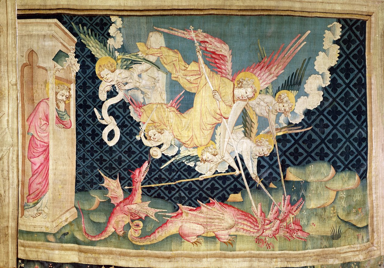 圣迈克尔和他的天使在战斗龙，36号“天使的启示录”，1373-87（挂毯） 作者 尼古拉斯·巴塔耶（Nicolas Bataille）