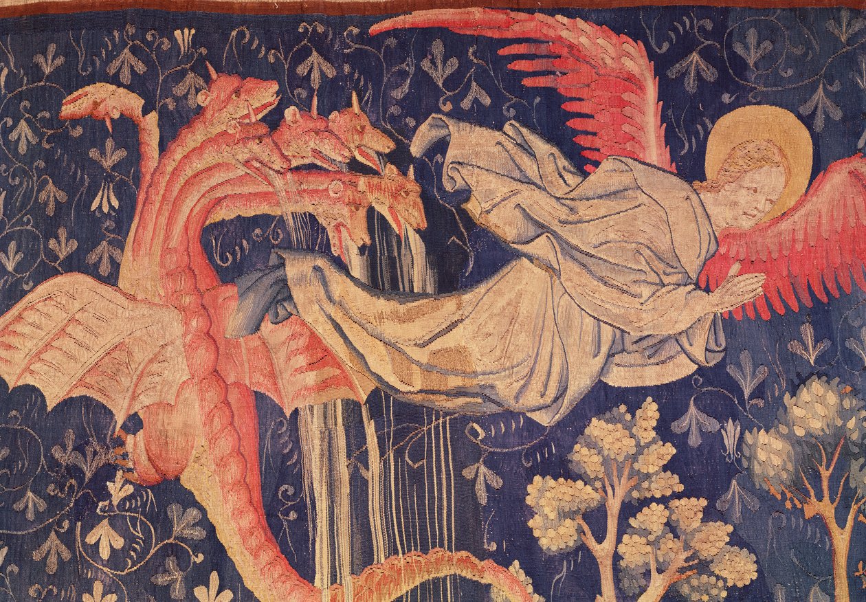 龙追求女人，龙吐水的细节，来自昂热的启示录，1373-87挂毯 作者 尼古拉斯·巴塔耶（Nicolas Bataille）