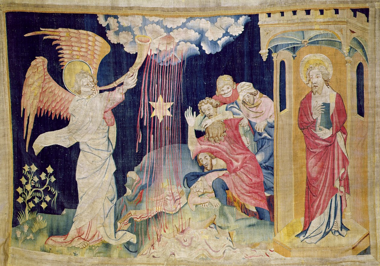 第三号小号和艾草星，22号来自“天使的启示录”，1373-87（挂毯） 作者 尼古拉斯·巴塔耶（Nicolas Bataille）