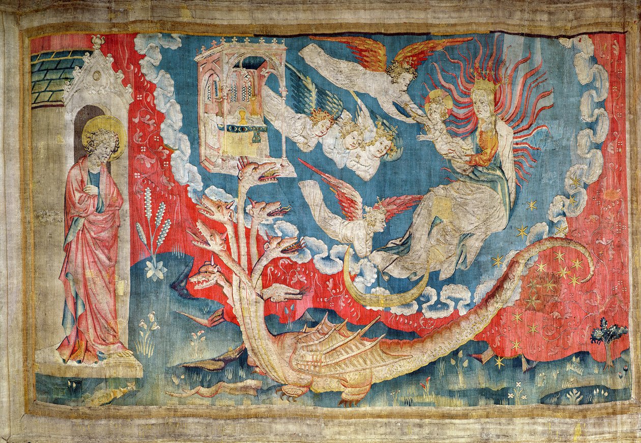 即将生育的女人和大龙等待吞噬婴儿，第35号来自“愤怒的启示录”，1373-87（挂毯） 作者 尼古拉斯·巴塔耶（Nicolas Bataille）