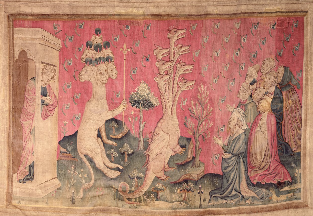 来自大海的七头兽受到了人们的敬意，第41号来自“愤怒的启示录”，1373-87（挂毯） 作者 尼古拉斯·巴塔耶（Nicolas Bataille）