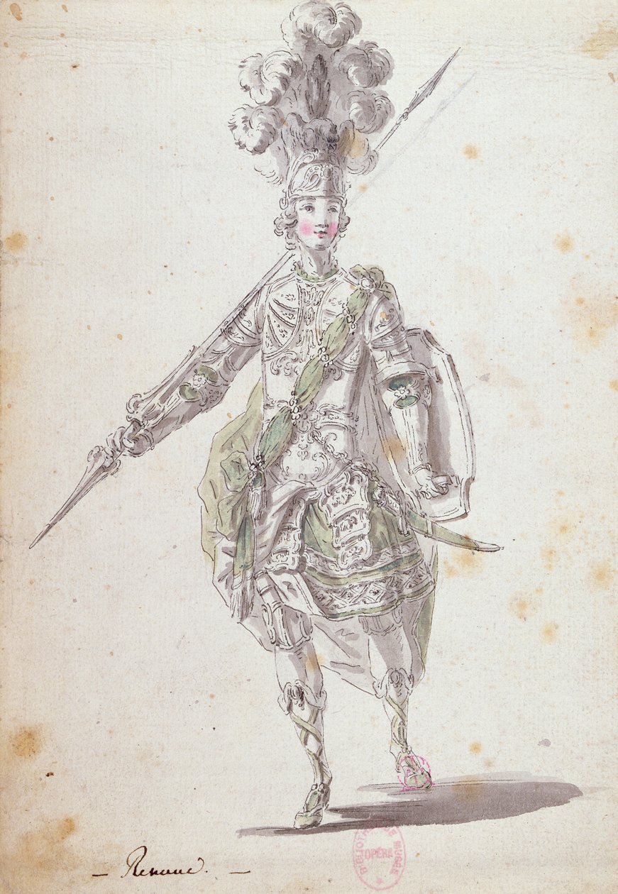 歌剧“里纳尔多和阿米达”中里纳尔多的服装于1761年完成（笔墨水和纸张上的洗涤） 作者 尼古拉斯·鲍奎特（Nicolas Boquet）