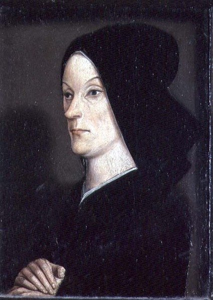 Matheron Diptych：Jeanne de Laval的肖像（d.1498）Rene I the Good（1409-80）右手小组的第二任妻子（另见94914） 作者 尼古拉斯·弗罗门特（Nicolas Froment）