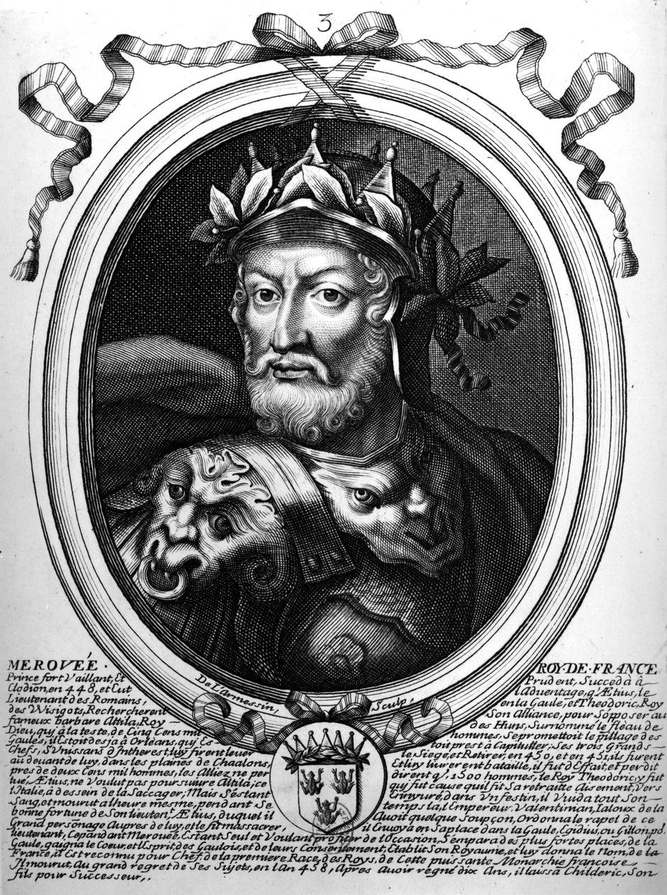 Merovech的画像（d.456）Salian Franks的国王，来自&39;法国所有国王的奥古斯特代表&39;，1714年 作者 尼古拉斯二世·拉尔梅辛