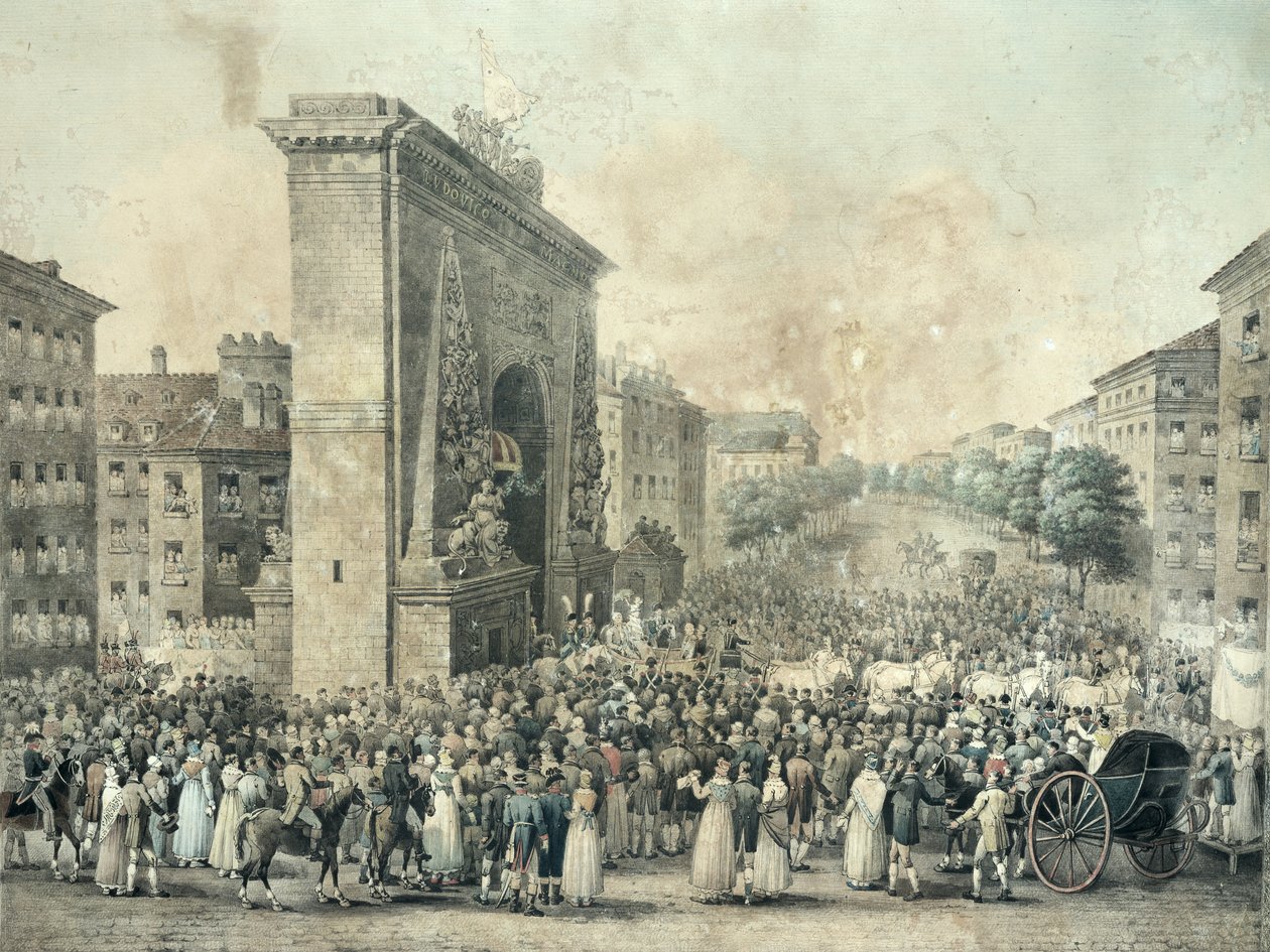 路易十八（1755-1824）通过1814年的Porte Saint-Denis（笔和墨水在纸上）的入口 作者 尼古拉斯·约瑟夫·施维罗