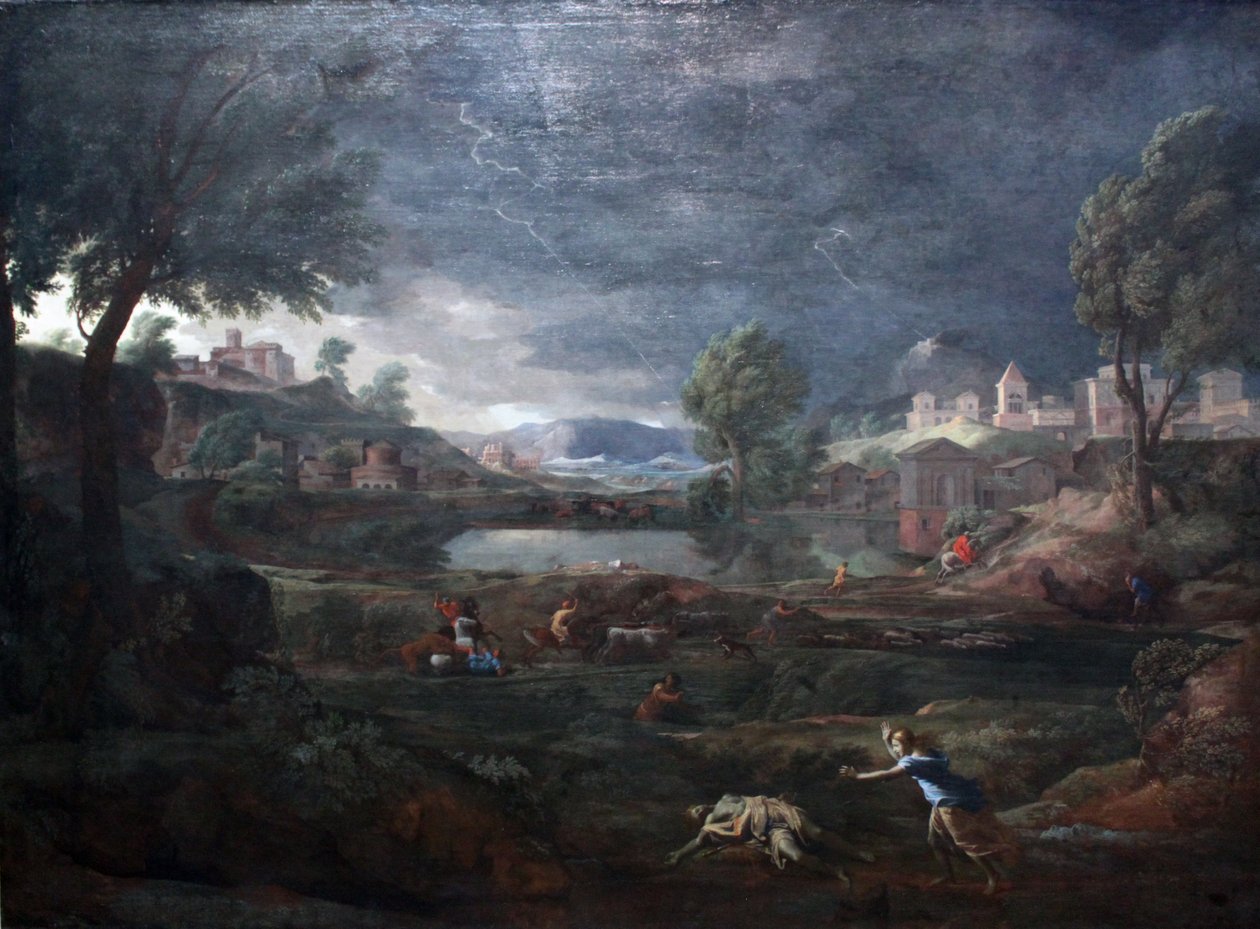 在雷暴与Pyramus和Thisbe期间的风景 作者 尼古拉斯·普桑（Nicolas Poussin）