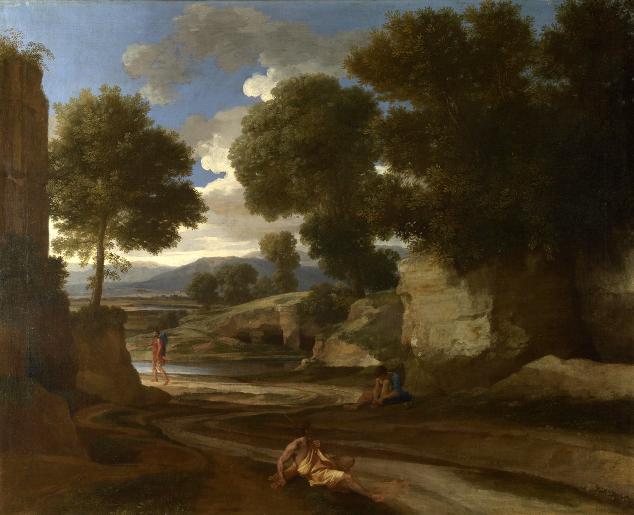 景观与旅行者休息，c.1638 作者 尼古拉斯·普桑（Nicolas Poussin）