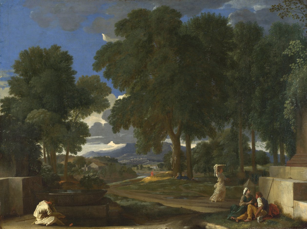 景观与一名男子在喷泉洗脚，1648年 作者 尼古拉斯·普桑（Nicolas Poussin）