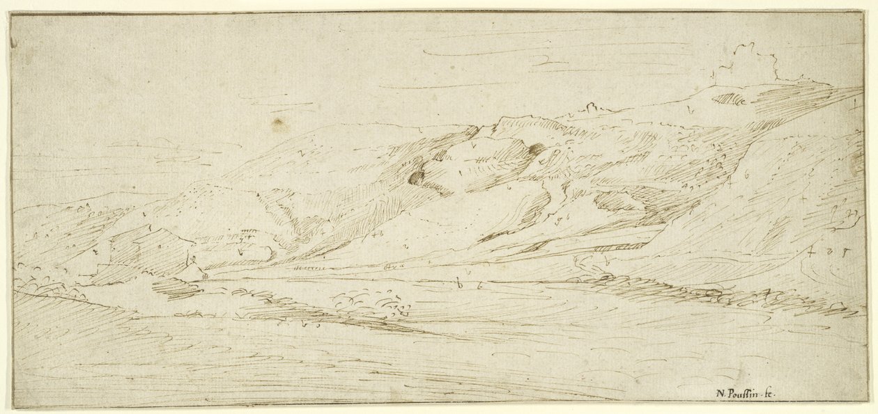 山地景观与两个房子（笔和墨水在纸上洗） 作者 尼古拉斯·普桑（Nicolas Poussin）