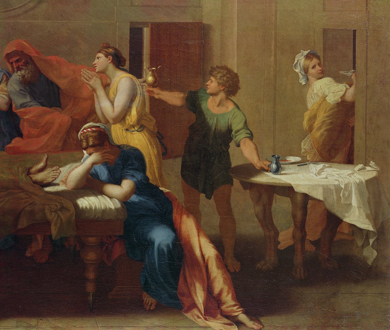 从&39;Extreme Unction&39;传递油，细节（见282068） 作者 尼古拉斯·普桑（Nicolas Poussin）