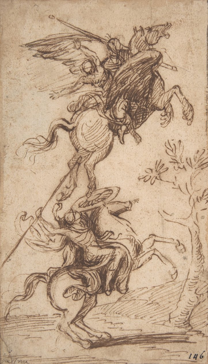 魔法师Atlante绑架Pinabellos女士（Ariosto，Orlando Furioso，canto II，38），c.1635-38（钢笔和棕色墨水） 作者 尼古拉斯·普桑（Nicolas Poussin）