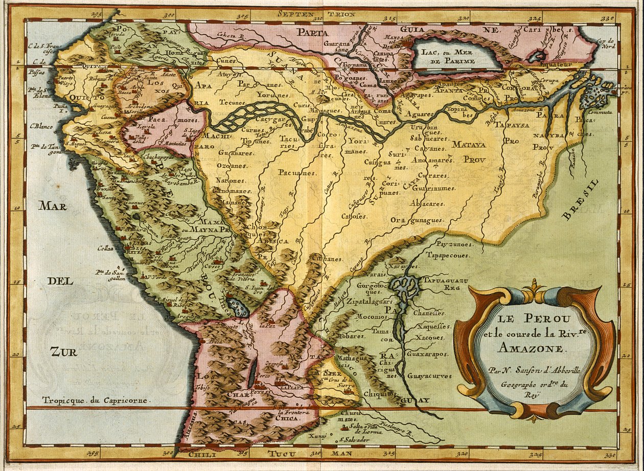 亚马逊盆地地图，1680年（手工彩色雕刻） 作者 尼古拉斯·桑森（Nicolas Sanson）